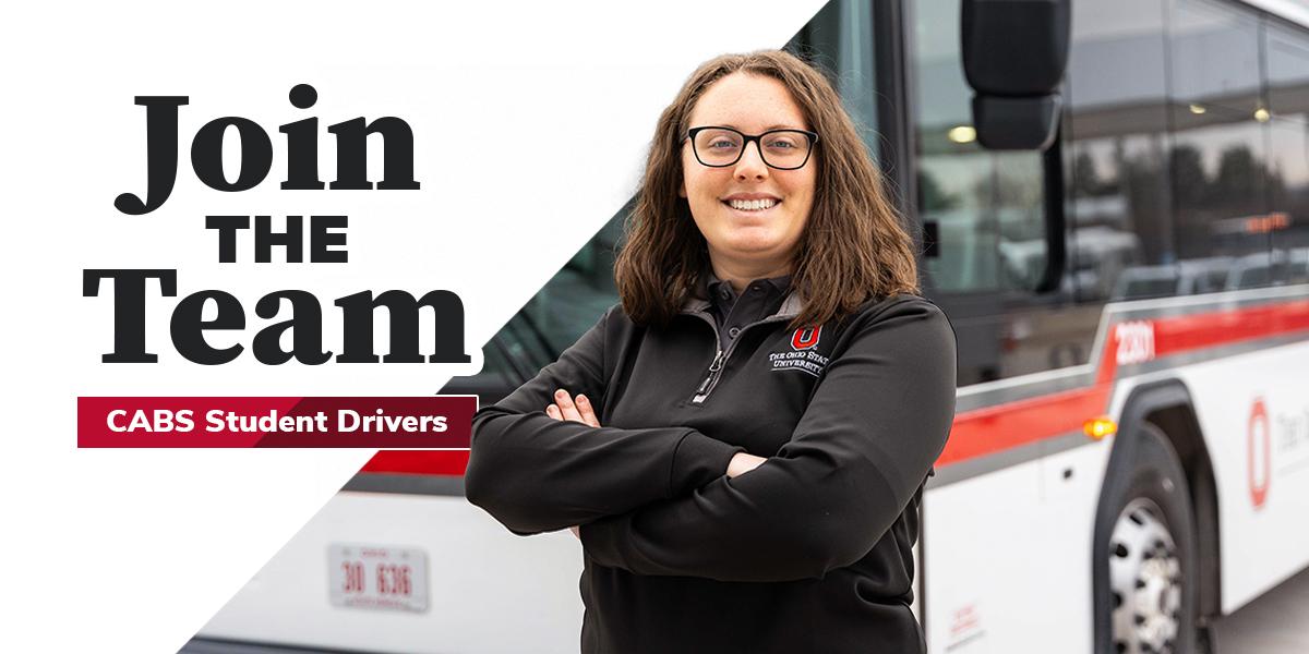 student standing in front of bus, join the team text is next to her