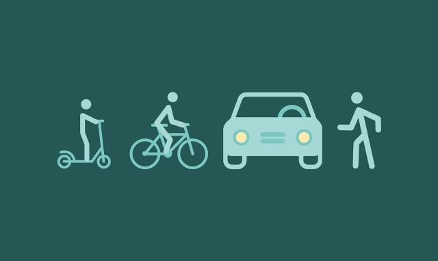 scooter rider, cyclist, motorist and pedestrian